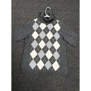 Simply Cashmere Sweater Women's Large Gray Argyle Diamond Short Sleeve Pullover
